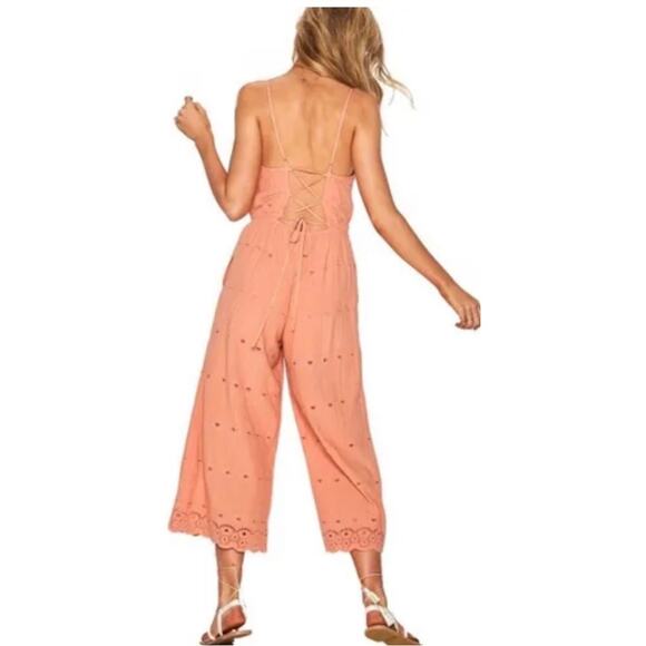 L*Space Ciara Boho Jumpsuit Peach Eyelet Sleeveless Lace Up Back V-Neck Small - Picture 3 of 8